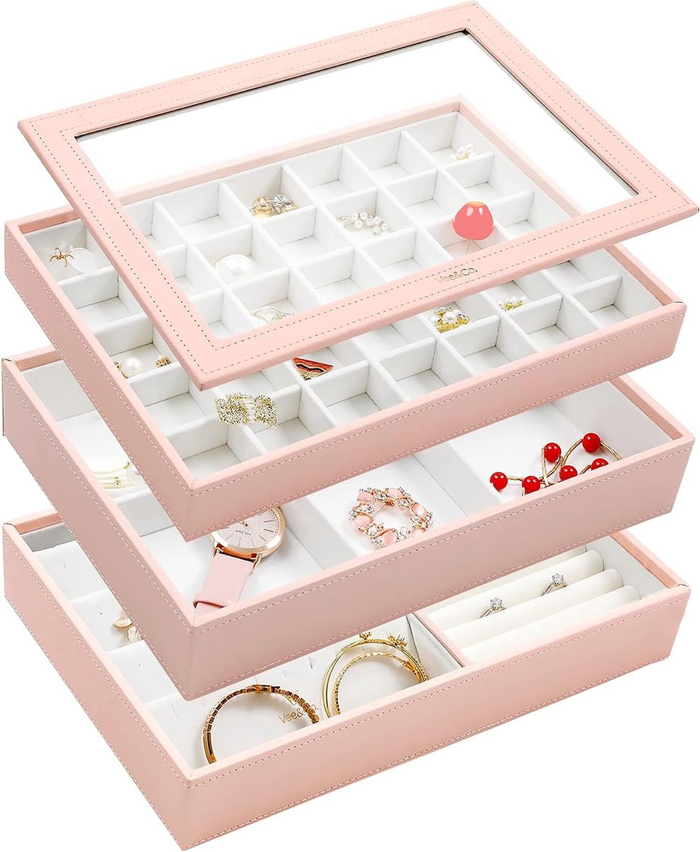 Sieradendoos, sieradenlade, organizer met 3 niveaus, PU-lederen sieradenbox voor oorbellen, ringen, halskettingen, cadeau voor vrouwen
