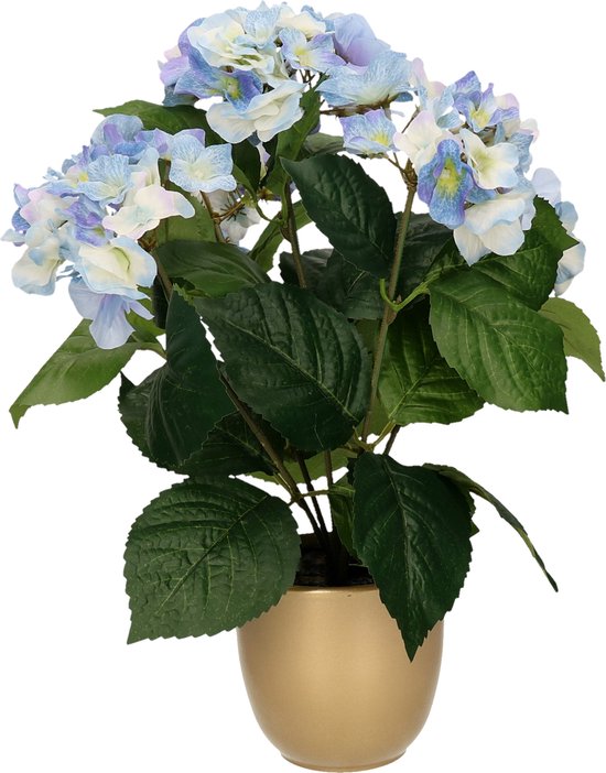 Hortensia kunstplant/kunstbloemen 40 cm - blauw - in pot mat goud - Kunst kamerplant