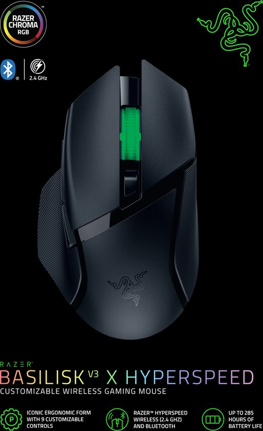 Zwarte Razer Basilisk V3 X Hyperspeed gaming muis met groen scrollwheel, met logo en productinformatie.
