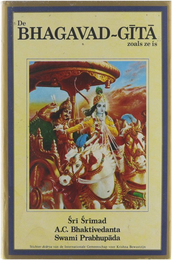 Boekomslag van De Bhagavad-Gita, met een schilderij van Krishna en Arjuna in een strijdwagen.