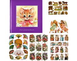 Poëziealbum - 16x16 - Paars - Poes met roze strik - met 5 vellen Poëzieplaatjes - Versjes - Gedicht - Cadeau - Sint - Geschenk - Knutselen - Hobby - Creatief - Scrapbook - Poezie
