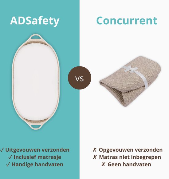ADSafety wieg en opgerolde deken met strik op blauwe achtergrond