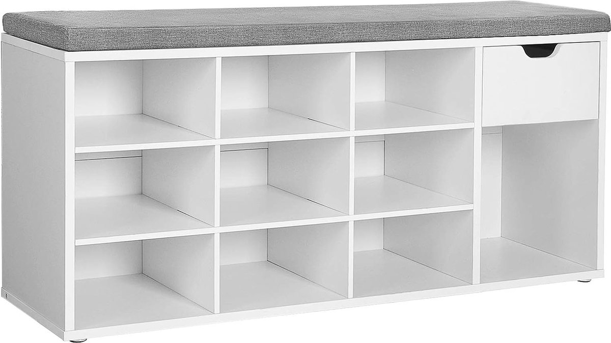 FurnStar Schoenenbank - Schoenenrek met lade en open vakken - Bank - Gestoffeerde zitting -Gang - Slaapkamer en entree - 104 x 30 x 48 cm - Wit