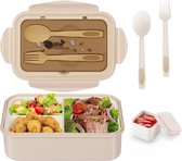 Broodtrommel Volwassenen - Lunchbox 1400 ml - 3 compartimenten - Incl. bestek/saus bakje - Kaki