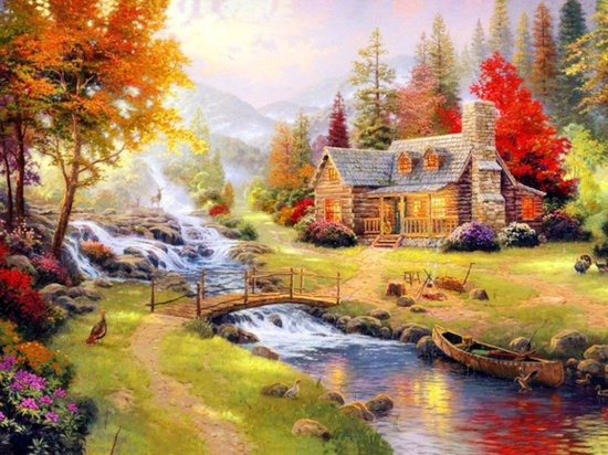 Foto: Diamond painting herfst landschap huis rivier 30x40cm vierkante steentjes