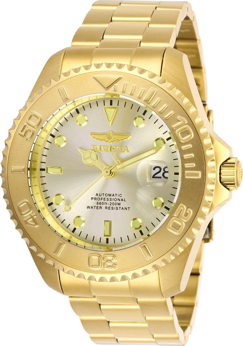 Invicta Pro Diver 28950 Heren Horloge - Waterdicht - Analoog - Automatisch Uurwerk - Roestvrij Staal met gouden Wijzerplaat