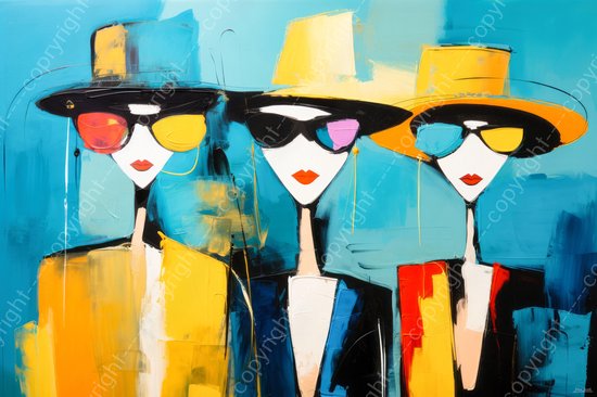 JJ-Art (Aluminium) 60x40 | 3 Vrouwen in Herman Brood stijl, abstract modern surrealisme, kunst | kleurrijk, rood, blauw, geel, oranje, lila, modern | foto-schilderij op dibond, metaal wanddecoratie