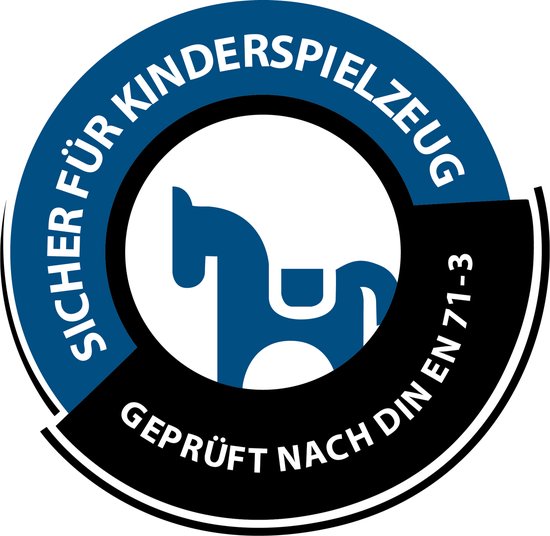 Keurmerk "Sicher für Kinderspielzeug". Cirkelvormig met blauw en zwart. Bevat een silhouet van een paardje.
