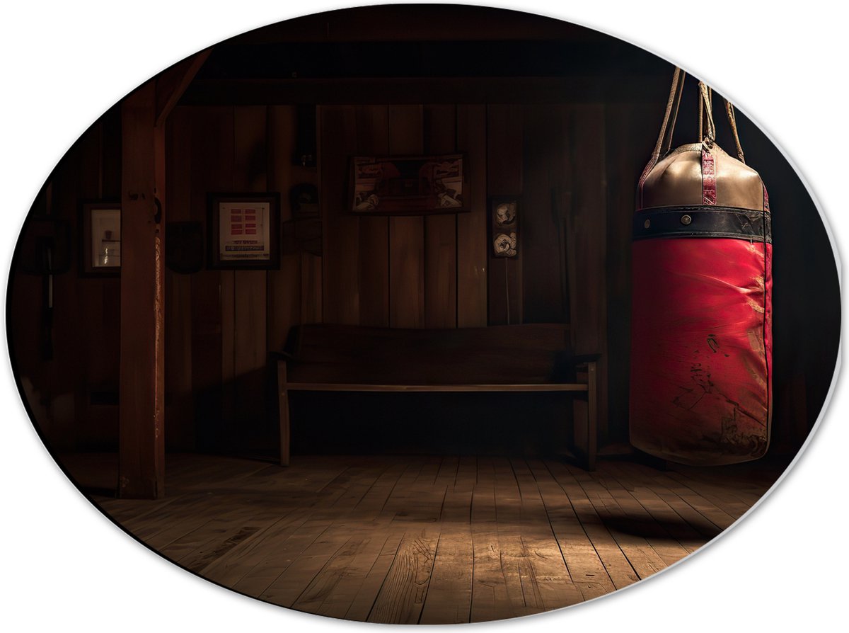 Dibond Ovaal - Kamer - Bokszak - Palen - Sporten - Hout - 40x30 cm Foto op Ovaal (Met Opha