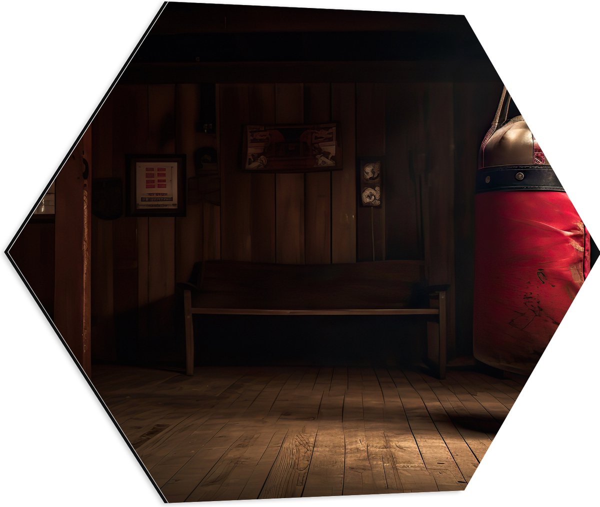 Dibond Hexagon - Kamer - Bokszak - Palen - Sporten - Hout - 60x52.2 cm Foto op Hexagon (Me