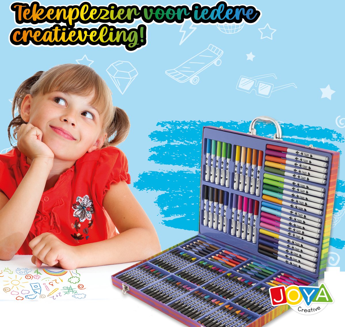 Tekendoos voor Kinderen 124pcs - Tekenset - Knutselpakketten - 15 tekenvellen - Stiften - Kleurpotloden - Waskrijt - Prachtige opbergkoffer - Joya Creative — afbeelding 2