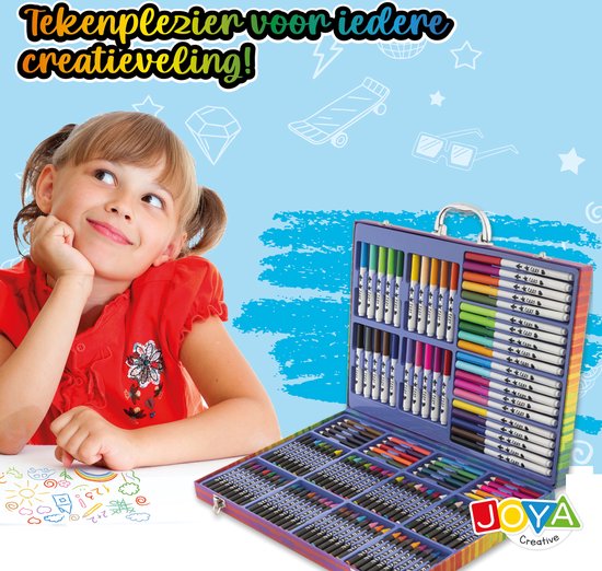 Tekendoos voor Kinderen 124pcs - Tekenset - Knutselpakketten - 15 tekenvellen - Stiften - Kleurpotloden - Waskrijt - Prachtige opbergkoffer - Joya Creative