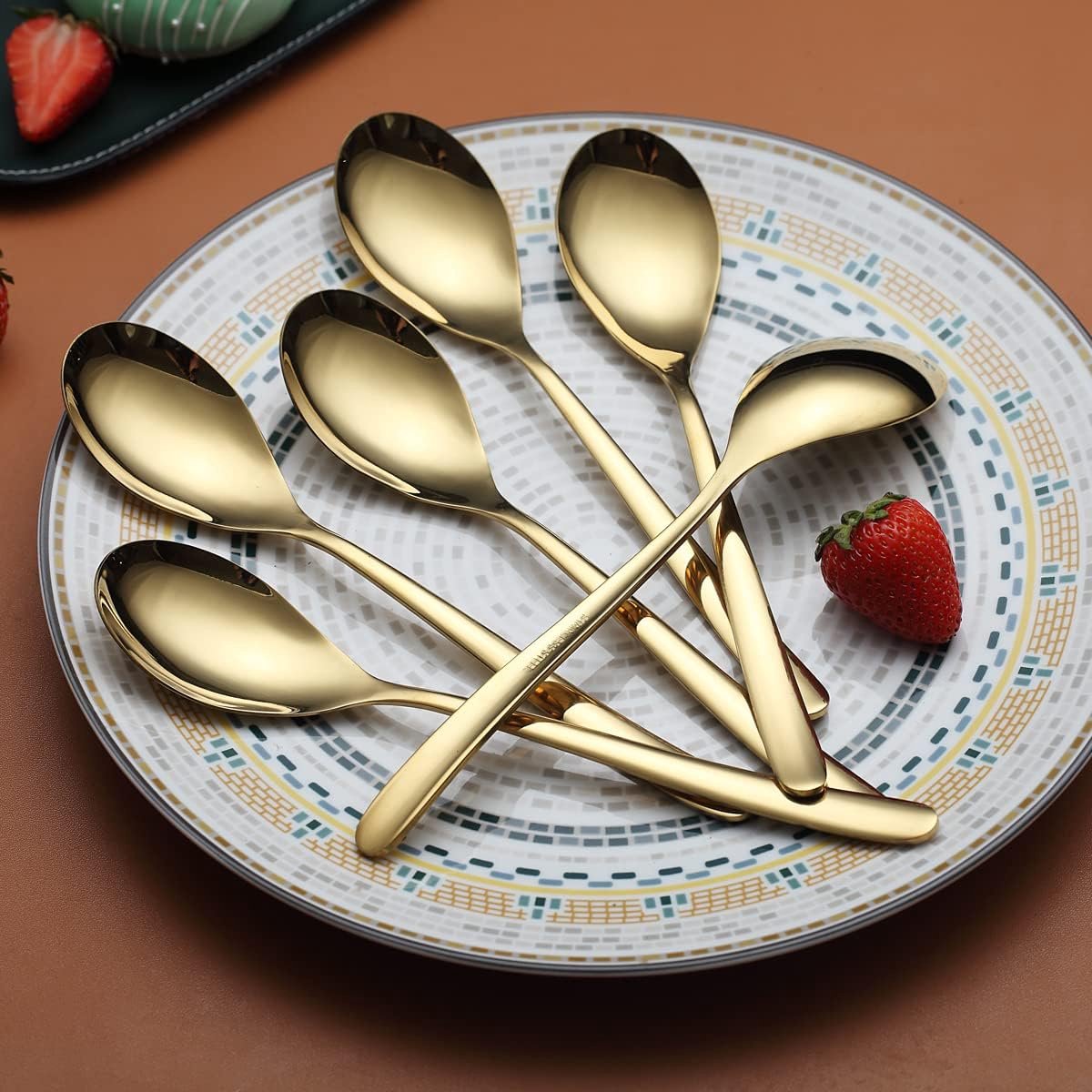 Gouden eetlepels, 6 stuks, 20,3 cm, roestvrij staal, titanium gecoate gouden eetlepel, soeplepel, bestekset, robuust, gemakkelijk te reinigen, dessertlepel, vaatwasmachinebestendig
