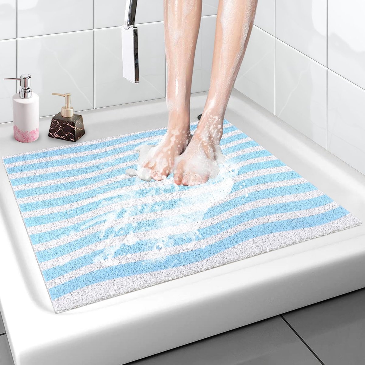 Douchemat, antislip, 60 x 60 cm, zacht comfort, badmat met afvoergaten, pvc- luffa, massagemat voor douche, antislip, sneldrogend