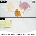 Voordat: T-shirt met vlekken van ketchup, bier, wijn en koffie. Na: Schone witte T-shirt dankzij Cosmeau wasstrips.