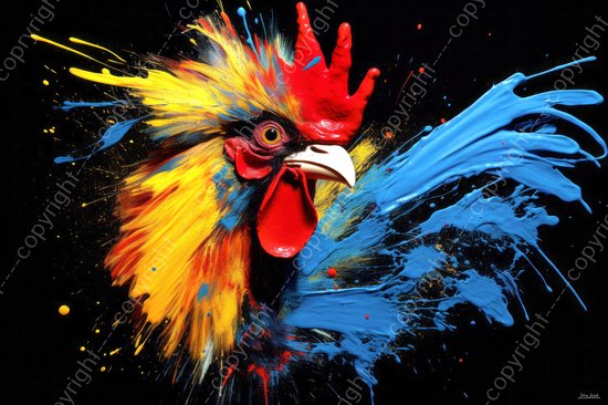 JJ-Art (Canvas) 120x80 | Haan in abstract geschilderde stijl, kunst, felle kleuren, kleurrijk | dier, kip, vogel, blauw, geel, rood, modern | Foto-Schilderij canvas print (wanddecoratie)