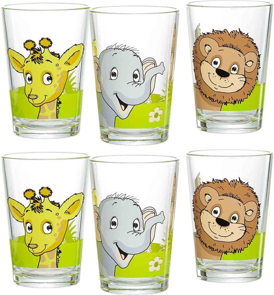 Animaux de la jungle en verre pour enfants, lot de 6, 205 ml, gobelets pour enfants imprimés avec motifs d'animaux, lavables au lave-vaisselle