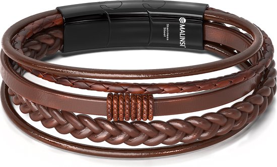 Malinsi Armband Heren - Bruin Snoeren - RVS en Leer - 20 cm + 2 cm verlengstuk - Armbandje Mannen - Malinsi