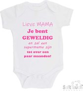 100% katoenen Romper "Lieve MAMA je bent geweldig en zal een supermama zijn. Tot over een paar maanden!" Meisjes Katoen Wit/roze Maat 56/62