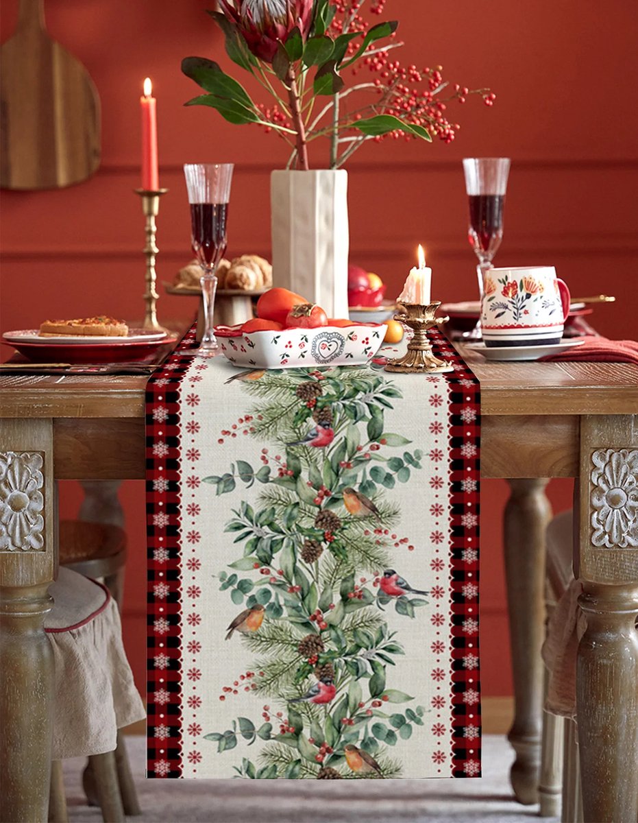 Kerst Tafelloper, Mengger 2 stuks Merry Christmas Tafellopers Rode Bessen & Sneeuwpop Lange Kerst Tafelloper Rood 183*33cm of Familie Kerst Dinner Party