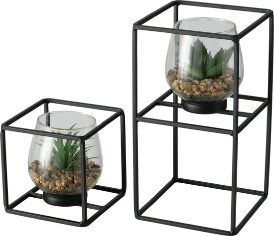 Boltze Home kunstplant in glazen pot en zwarte metalen standaard Sabia 2-delige set 11x11/13x24cm