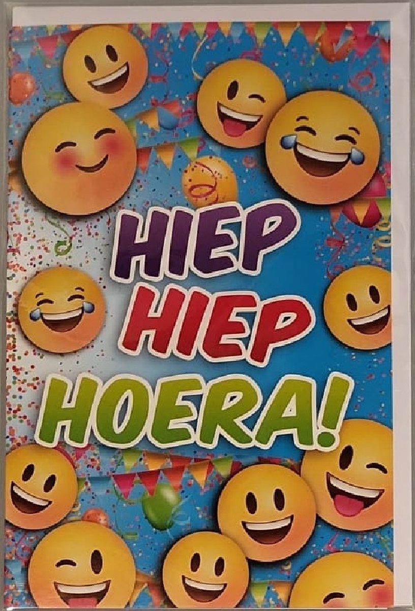 Hiep, hiep hoera! Van harte gefeliciteerd! Een kleurrijke kaart met vrolijke smileys, slingers en ballonnen! Erg leuk om deze kaart zo te geven of om bij een cadeau te voegen. Een dubbele wenskaart inclusief envelop en in folie verpakt.