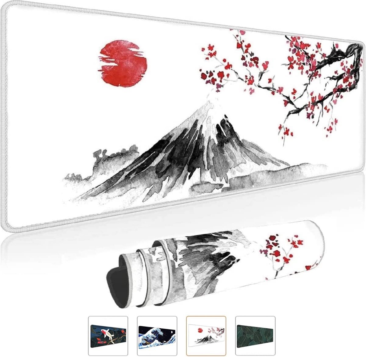 Gaming muismat wit XXL 800 x 300 mm, Japanse inktschildering, berg Fuji, sakura, zon, groot, genaaide randen, waterdicht, anti-slip, voor pc, MacBook, laptop