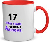 Akyol - 17 great years of being awesome koffiemok - theemok - rood - Hoera 17 jaar - iemand die 17 jaar is geworden - verjaardagscadeau - verjaardag - cadeau - kado - geschenk - gift - goeie jaren - 350 ML inhoud