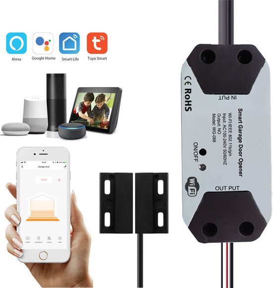 Smart Home Switch garagedeuropener met smartphone app, compatibel met Alexa, Google Home, Smart Life en Tuya Smart, naast de magnetische sensor.