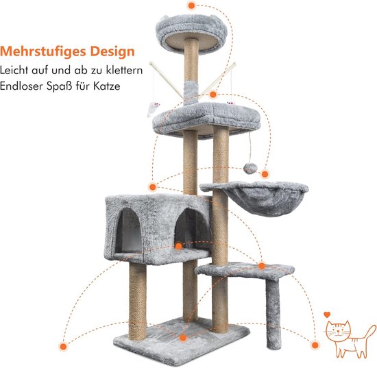 Yaheetech Krabpaal, stabiele kattenboom, kattenkrabpaal, kattenmeubel, klimboom voor katten, hoogte 158 cm, lichtgrijs