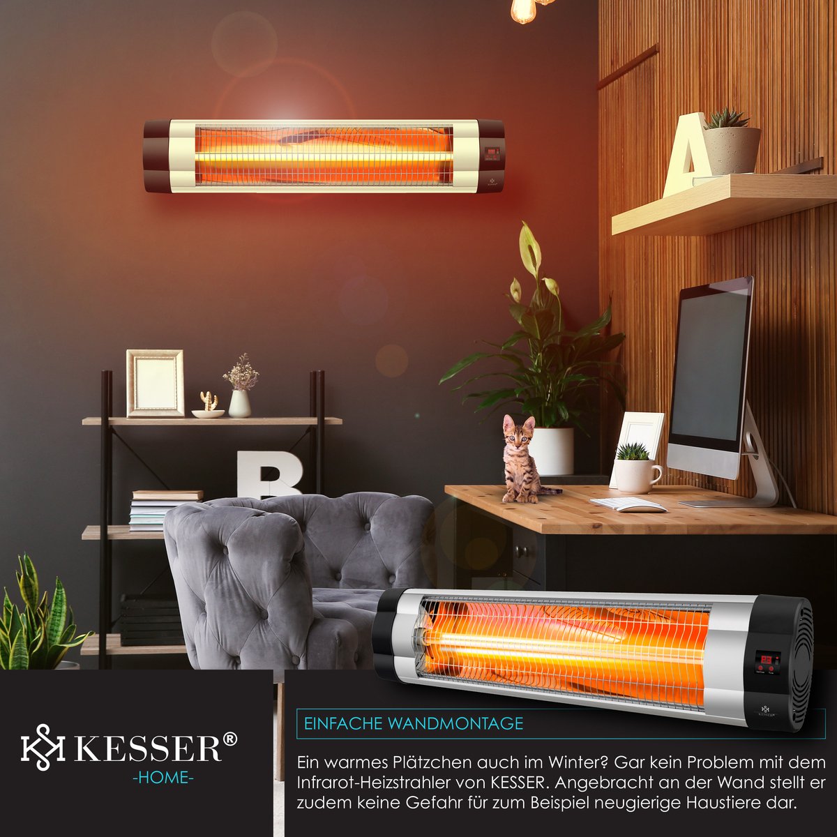 KESSER Terrasverwarmer Elektrisch 2500 W Wandmontage - Infrarood Heater voor Buiten met Afstandsbediening en Hoes, 3 Warmtestanden - Zilver/Zwart – foto 4
