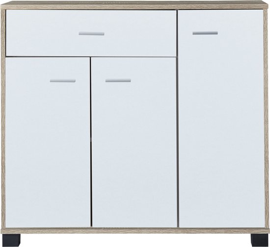 Dressoir met eikenhouten frame en witte deuren en lades. Één brede lade boven twee deuren.