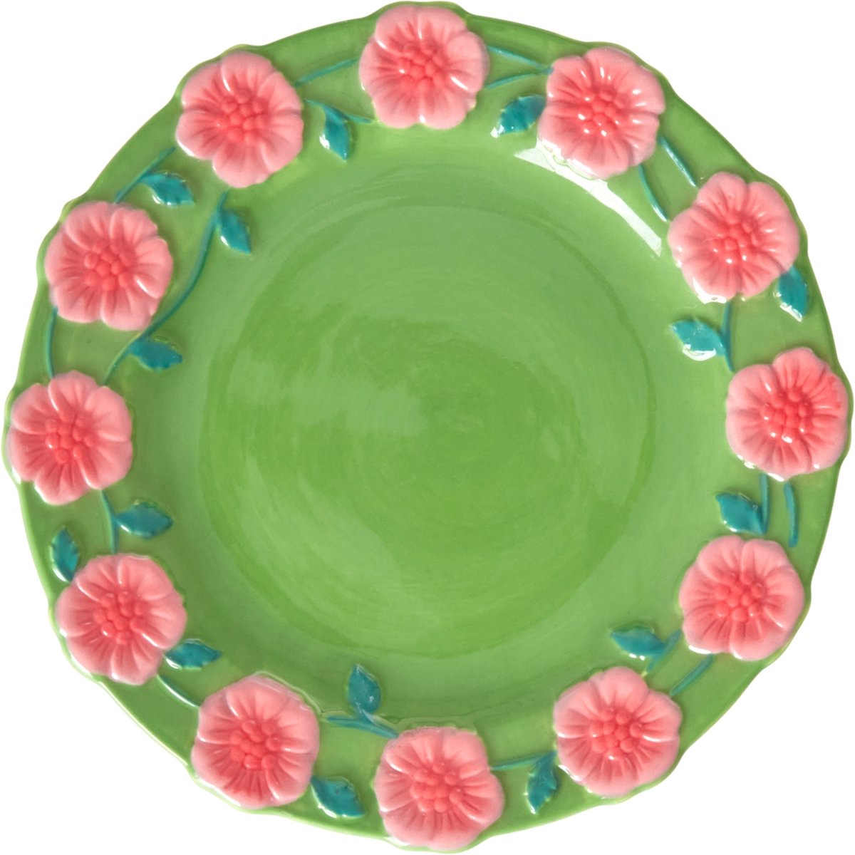 Rice by Rice - gebaksbord - groen - roze bloemen - ⌀15cm - keramiek - kleurrijk servies