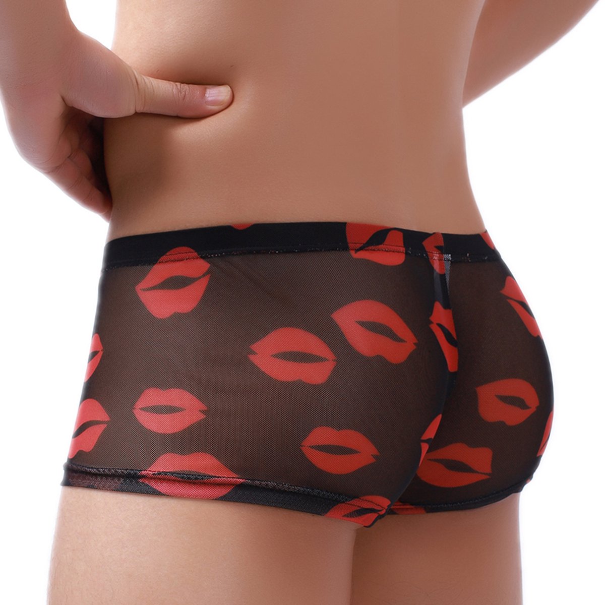 Goedkoopste Boxer-Heren-Zwart-Doorschijnend-Spannend-Lippen-Kus-Rood-Mannen