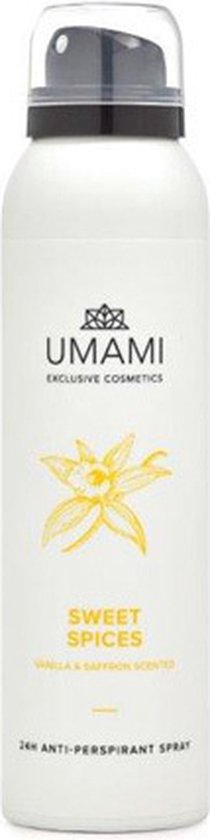 Witte spuitbus met Umami logo, een gele tekening van een vanillebloem en de tekst "SWEET SPICES VANILLA & SAFFRON SCENTED 24h ANTI-PERSPIRANT SPRAY".