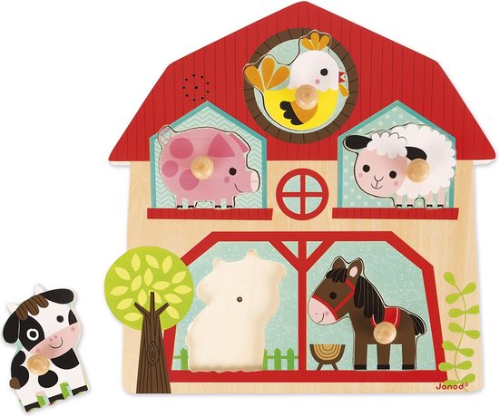 Janod Muziekpuzzel - De Vrienden Van De Boerderij - Houten Puzzel Met 5 Stukjes - Elk Puzzelstukje Maakt Een Eigen Dierengeluid - Geschikt Vanaf 18 Maanden van Janod — afbeelding 3