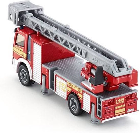Rode Siku brandweerwagen met uitschuifbare ladder, schaal 1:87.