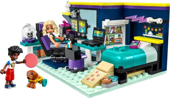 Een LEGO Friends speelset met twee minipoppetjes, een hondje, een bed, computer en gamestoel. Leeftijd 6+, 179 onderdelen.