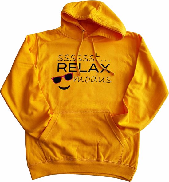 Gele hoodie met "Sssssst... RELAX modus" - XS - trui, hoedie, relaxen, vrij zijn, vakantie, weekend, huispak, vrije tijd, gold, geel, oker, donker geel, zonnebril