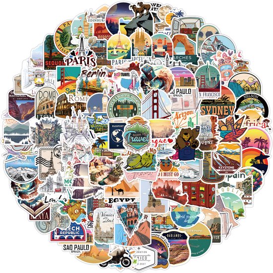Koffer Stickers met Reis en Travel Thema - 100 Vakantie stickers