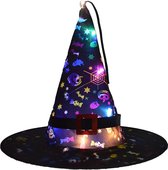 Heksenhoed Halloween met LED Lichtjes - Zwart / Figuurtjes - Verkleedaccessoire