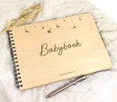 Kraambezoekboek - Baby - Gastenboek - Babyborrel - Baby invulboek - baby cadeau - Kraamboek hout A4 blanco pagina's liggend - Kado baby - Nachthemel slinger
