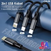 CL CHLIN® Premium Nylon: 3in1 Usb-A naar Usb-C, lightning en micro-usb Snel oplaadkabel Blauw / 1.5m - Usb-c kabels - Usb kabel samsung - 6a oplaadkabel - oplaadkabel voor macbook en laptops - snellader - data kabel