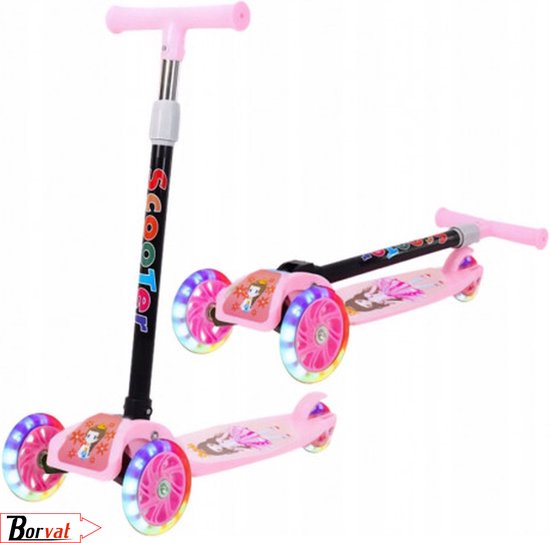 Borvat® | 3 wheel scooter | Children's scooter with height-adjustable handlebar | Foldable Three Wheel Glowing Balance Scooter | Boys/Girls | Pink | Scooter | Scooter