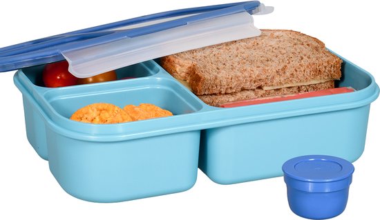 Lock&Lock Lunchbox - Bento Box - Broodtrommel - Salade lunchbox - Met 3 Compartimenten | Vakjes - Met Dressing | Saus Bakje - Volwassenen en Kinderen - To Go - Lekvrij - BPA vrij - 980 ml - Blauw