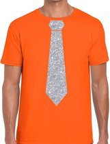 Oranje fun t-shirt met stropdas in glitter zilver heren S