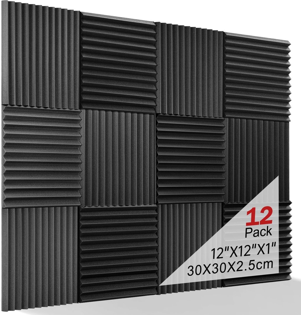 Geluidsabsorberend akoestisch schuim, 12 stuks zwart akoestisch schuim voor podcasts, opnamestudio's, kantoren, akoestische schuimmat （30 x 30 x 2,5 cm） (zwart)