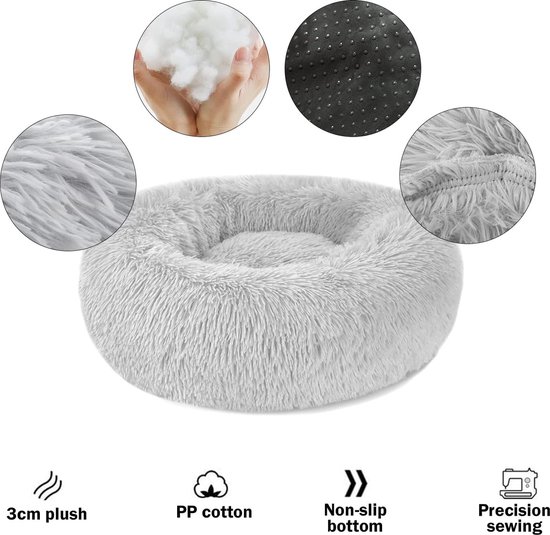 Lit pour chat, laineux, rond, peluche, beignet, coussin douillet pour chien - lit pour chien, lavable, S/M/L/XL/ XXL pour petits, moyens et grands chiens, chats et autres animaux de compagnie (L 60 cm, gris clair )