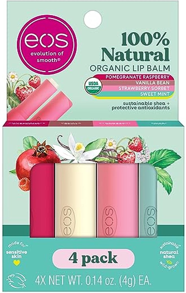 Goedkoopste eos 100 Natural & Organic Lip Balm Sticks- Strawberry Sorbet - Vanilla Bean, Sweet Mint & Pomegranate Raspberry, Lip Care Products