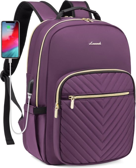 Sac à dos avec port de chargement USB - Violet - Sac pour ordinateur portable 15,6 pouces - 43 x 30,5 x 19 - Résistant à l'eau - École, travail, voyage